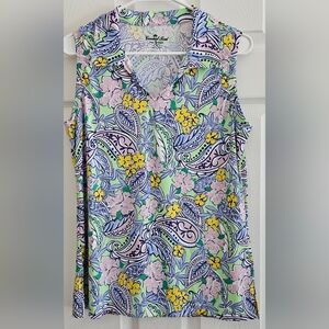 Coconut Row Palm Beach Med Floral Top Lavender Yellow Green V-Neck Activ…